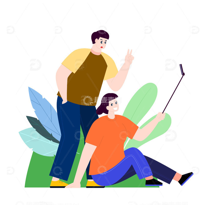 扁平化打卡拍照插画