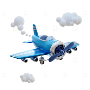 飞翔的蓝白色卡通小飞机模型3D元素
