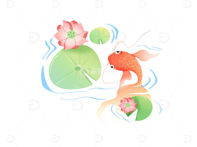 源文件下载【趣麦麦图】水彩荷塘锦鲤荷花