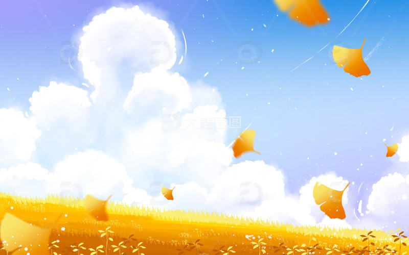 源文件下载【趣麦麦图】手绘秋天户外露营秋分落叶云朵海报插画背景