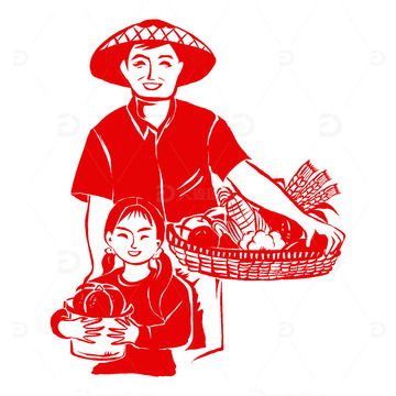 父女农民粮食丰收喜悦秋分节气剪纸