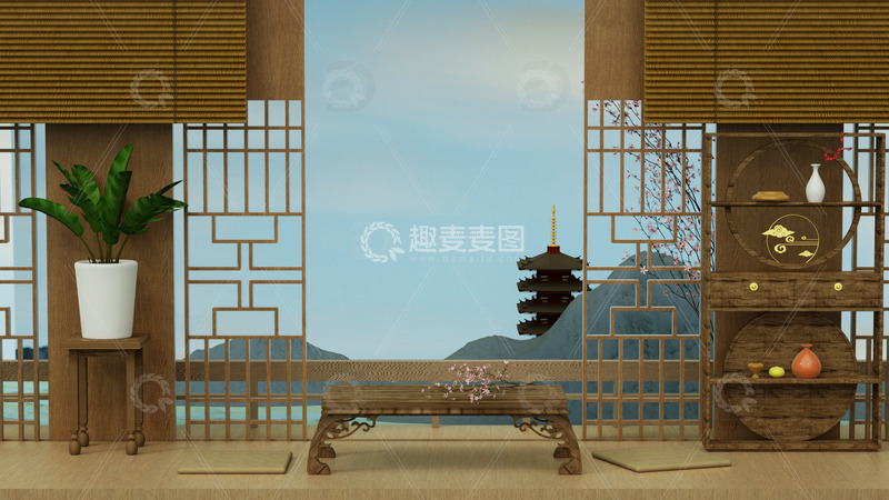 C4D古风中式室内室外背景