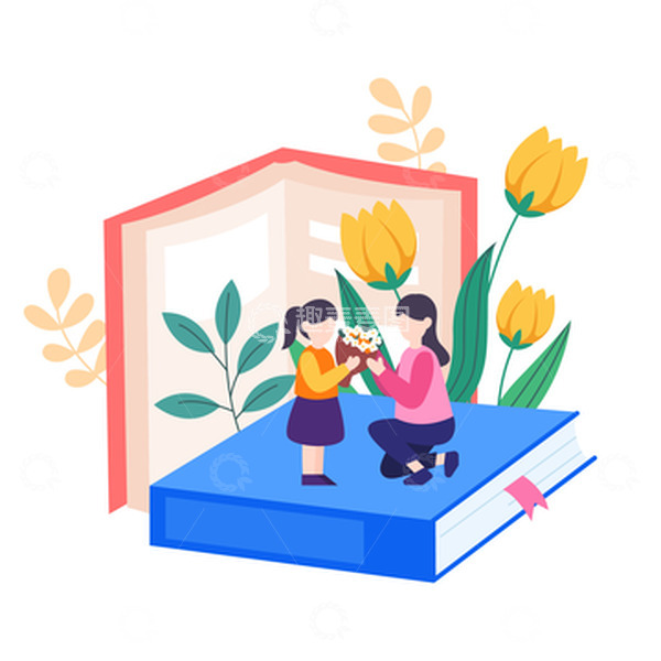 源文件下载【趣麦麦图】扁平简约教师节学生给老师献花