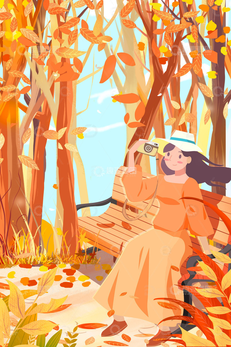 源文件下载【趣麦麦图】唯美金秋节气秋分拍照的女孩插画