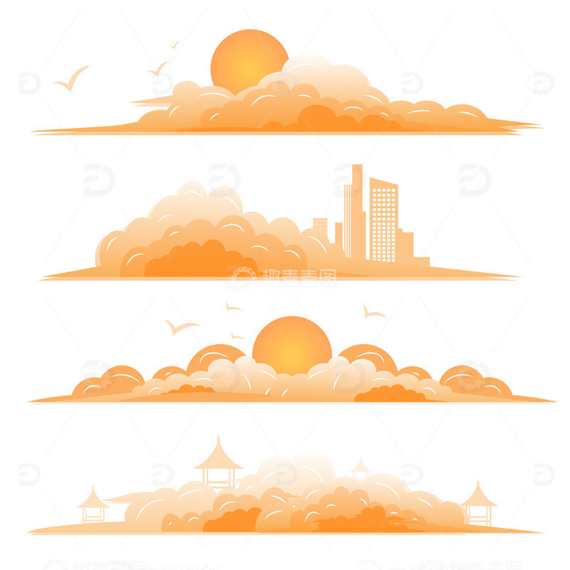 源文件下载【趣麦麦图】卡通金色祥云建筑插画矢量元素