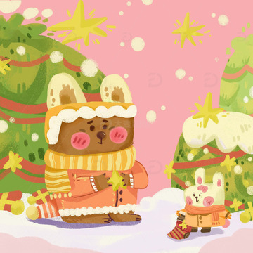 圣诞熊兔子手绘插画卡通可爱