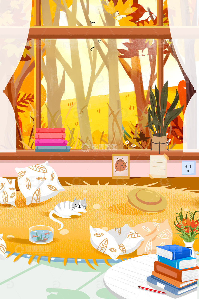 源文件下载【趣麦麦图】暖色温馨立秋节气插画
