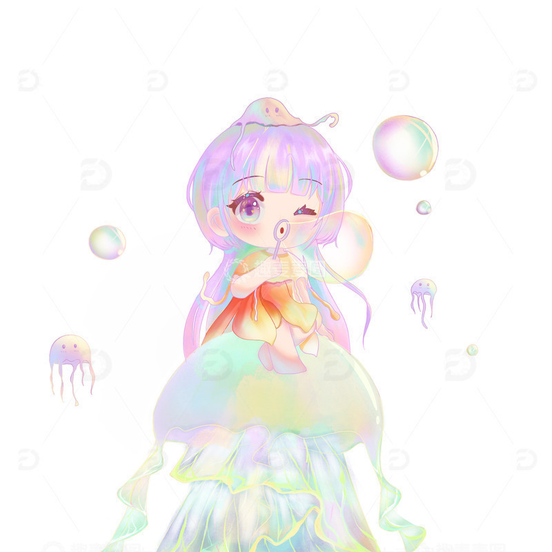源文件下载【趣麦麦图】吹泡泡的水母女孩