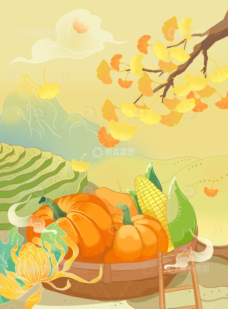 源文件下载【趣麦麦图】秋风节气国风插画