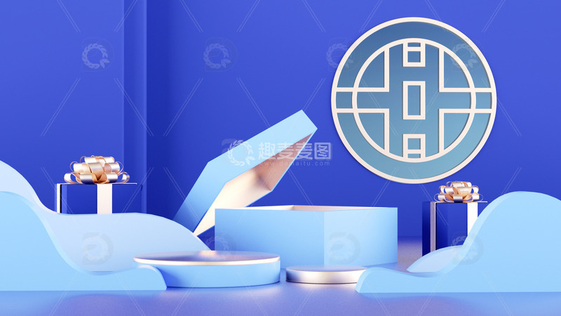 源文件下载【趣麦麦图】C4D深蓝色立体展台礼盒电商海报背景