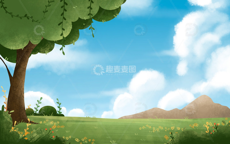 源文件下载【趣麦麦图】手绘春天植物草坪绿植小清新插画海报背景