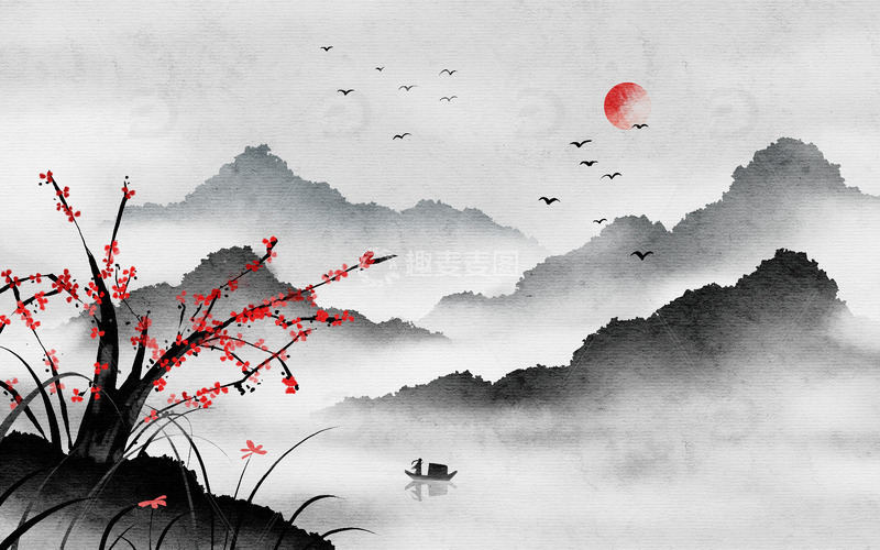 源文件下载【趣麦麦图】手绘水墨山水画云雾梅花兰花落日中国风背景