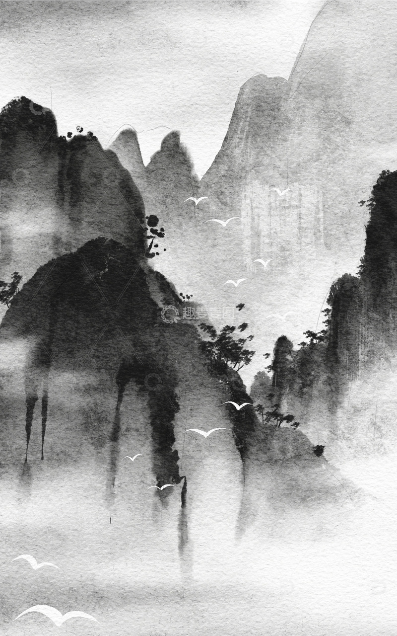 源文件下载【趣麦麦图】手绘中国风群山水墨画云雾海报背景