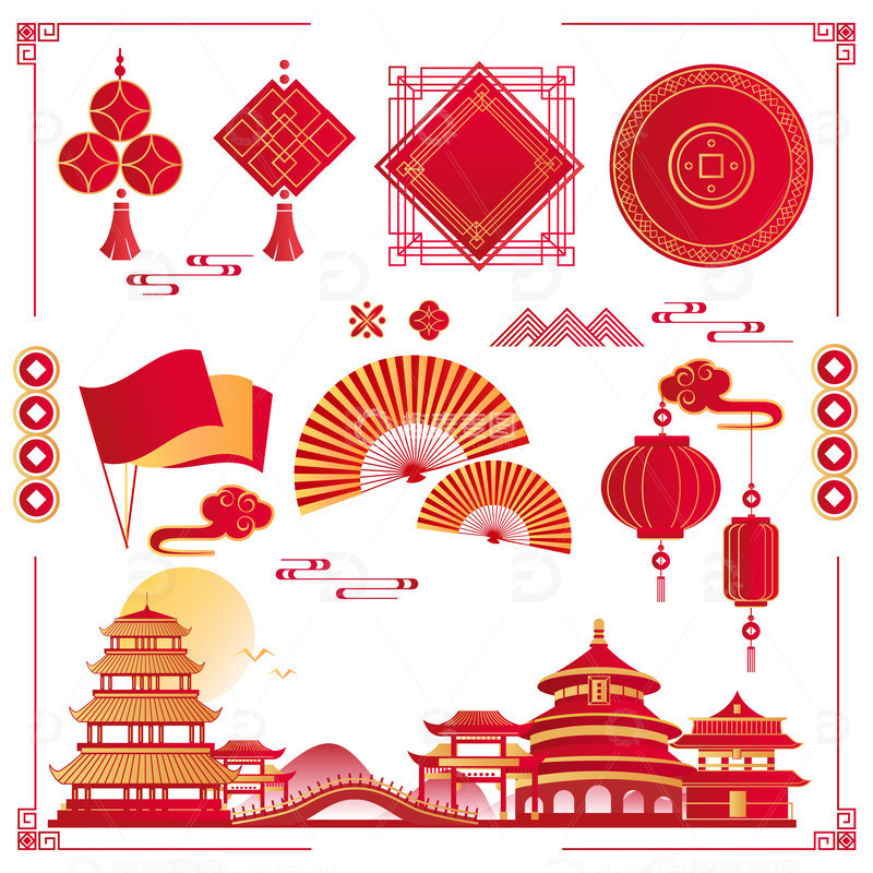 源文件下载【趣麦麦图】红色喜庆中国风国庆节日装饰线条插画图标