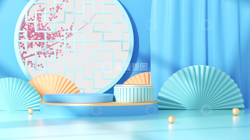 源文件下载【趣麦麦图】C4D蓝色立体展台中国风海报背景