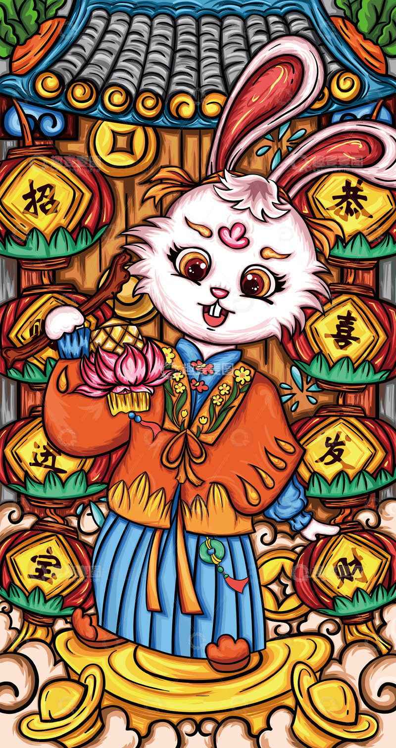 源文件下载【趣麦麦图】国潮兔子插画