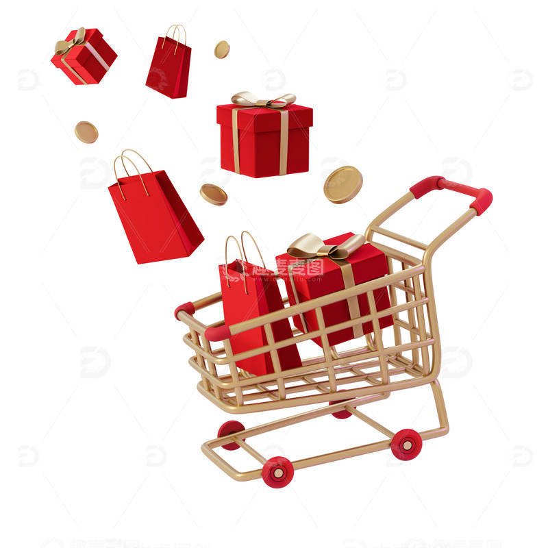 购物车红色礼盒购物袋3D促销活动元素