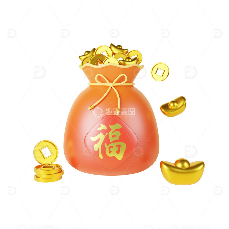 源文件下载【趣麦麦图】红色喜庆福袋金币元宝电商大促铜钱促销福袋