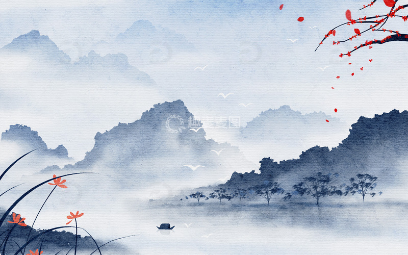 源文件下载【趣麦麦图】蓝色中国风水墨山水画兰花梅花插画海报
