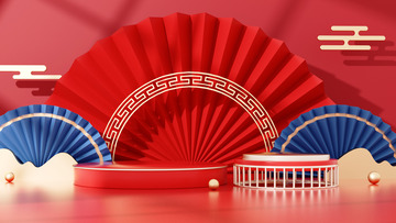 C4D红色中国风电商立体展台海报背景