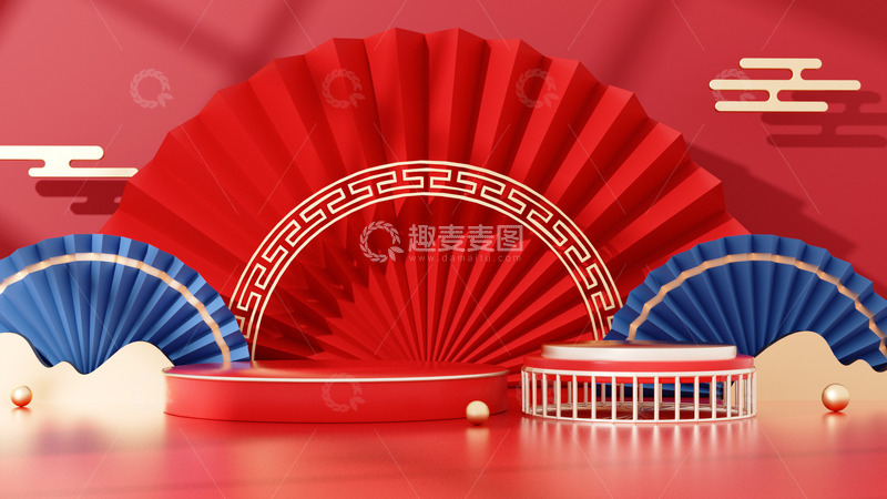 C4D红色中国风电商立体展台海报背景