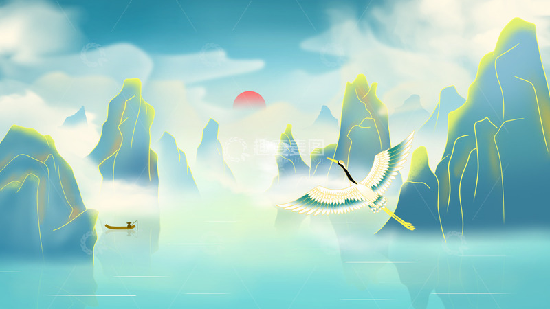 源文件下载【趣麦麦图】中国风国潮山水泛舟插画背景