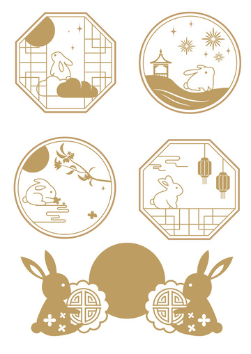 中国风中秋节古风国潮窗花玉兔装饰线条元素