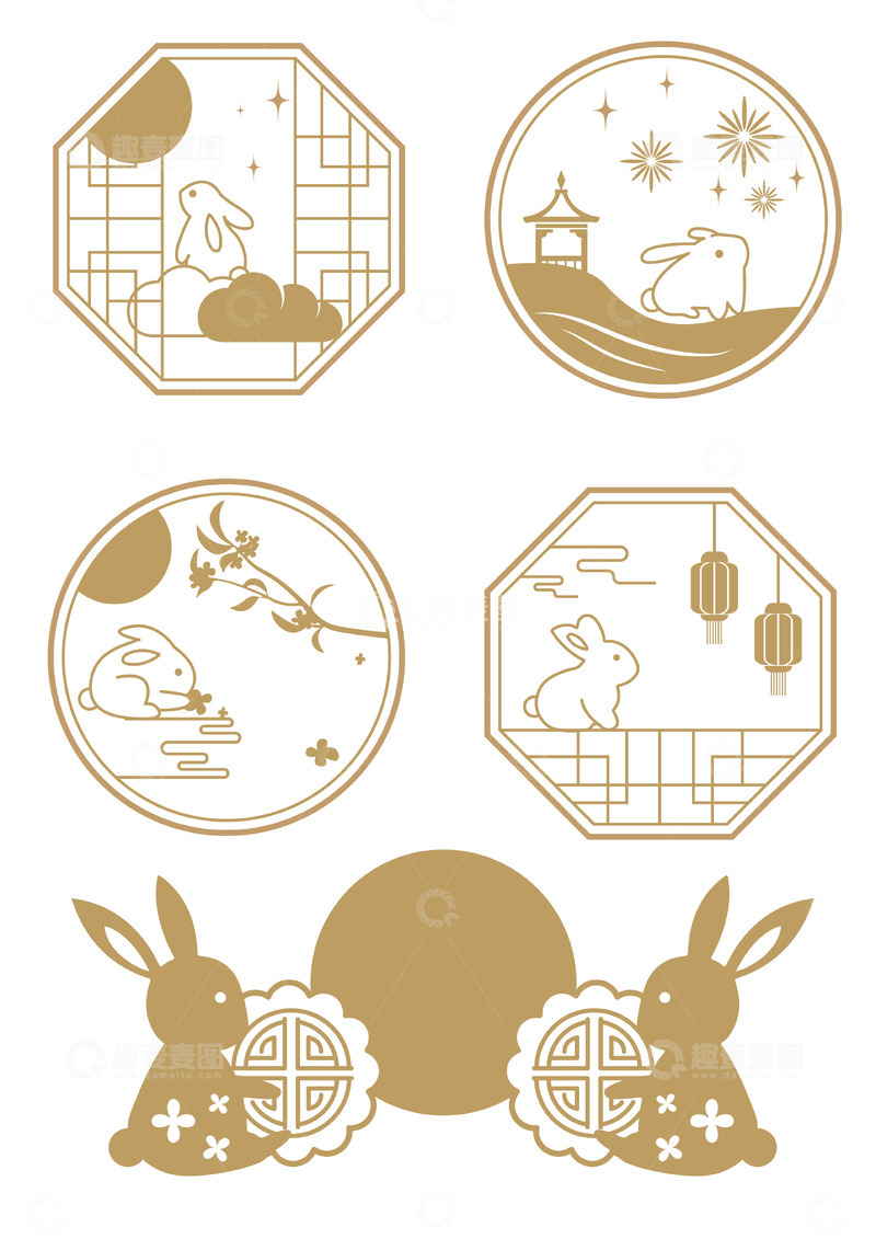 源文件下载【趣麦麦图】中国风中秋节古风国潮窗花玉兔装饰线条元素