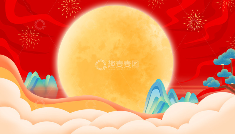 源文件下载【趣麦麦图】手绘中式复古山水海报展板背景