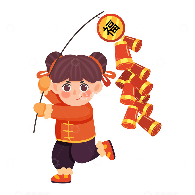 卡通简约举着鞭炮的小女孩