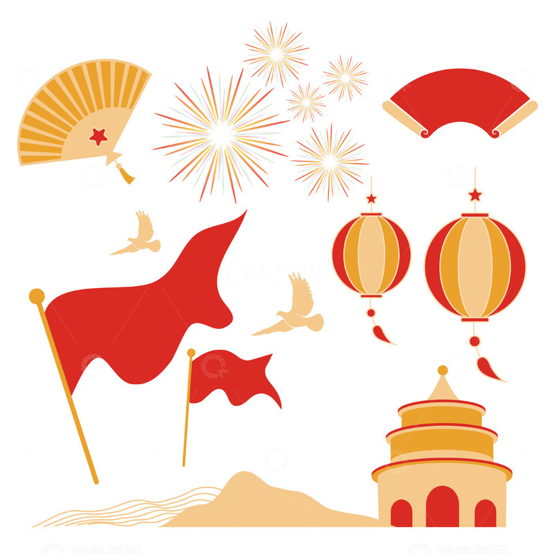 源文件下载【趣麦麦图】国庆节红色喜庆装饰插画组合矢量元素