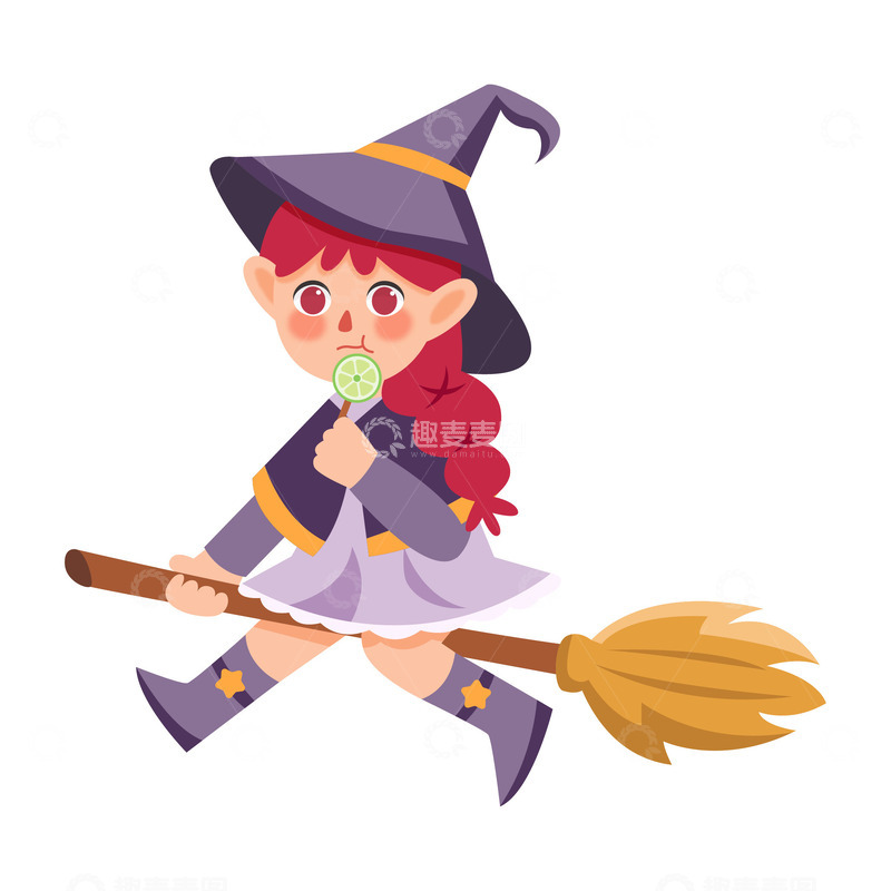 源文件下载【趣麦麦图】卡通骑着扫把的小魔女