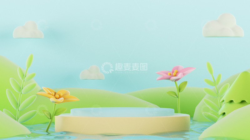 源文件下载【趣麦麦图】C4D简约卡通立体植物3D海报背景