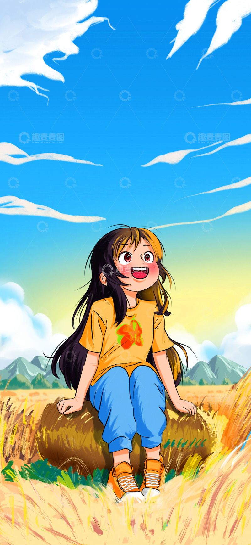 源文件下载【趣麦麦图】秋天田野金黄稻田麦田山丘麦子女孩手绘插画