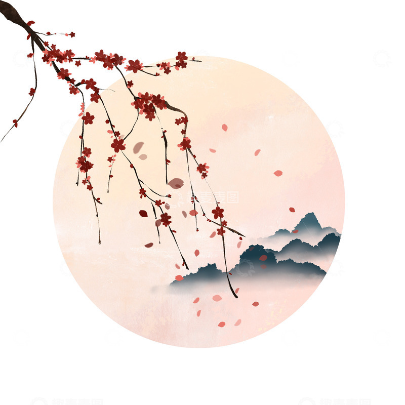 源文件下载【趣麦麦图】手绘中国风梅花小山古风圆形元素
