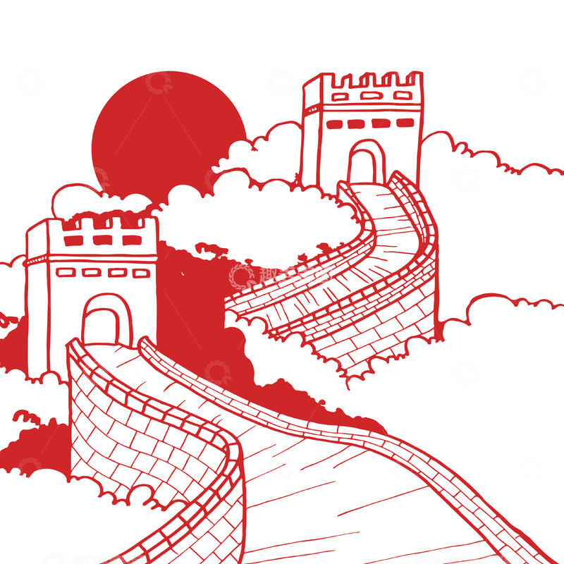 源文件下载【趣麦麦图】国庆节手绘长城插画剪影矢量元素