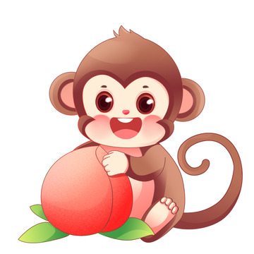 卡通猴子吃桃子水蜜桃水果元素