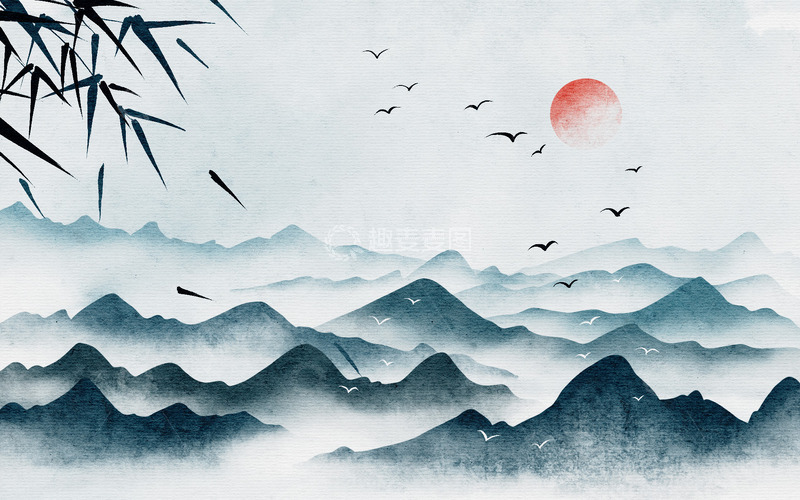 源文件下载【趣麦麦图】手绘大气水墨画飞鸟中国风竹叶海报插画