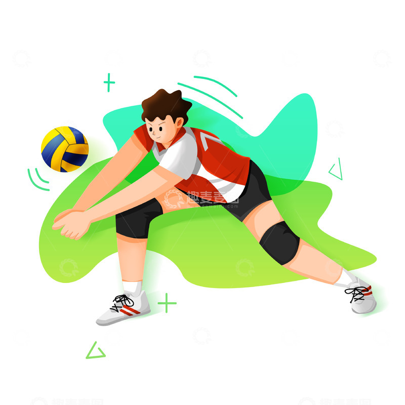 源文件下载【趣麦麦图】-扁平化排球运动员接球击球侧面姿势