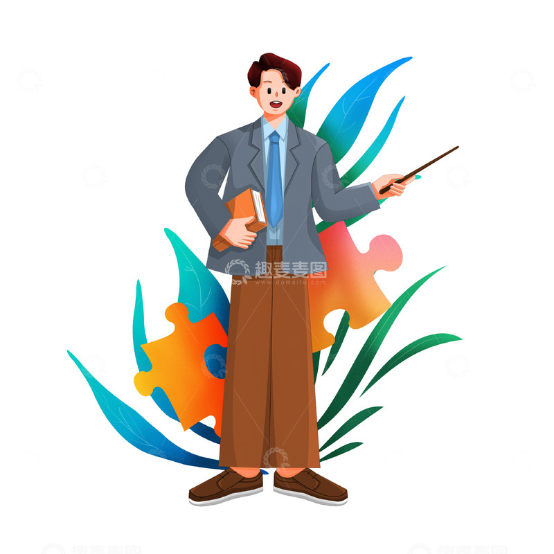 源文件下载【趣麦麦图】扁平噪点风拿教案书籍教棍的男青年老师教师