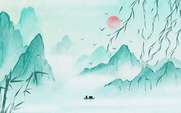 手绘烟雨江南柳叶中国风水墨山水插画海报
