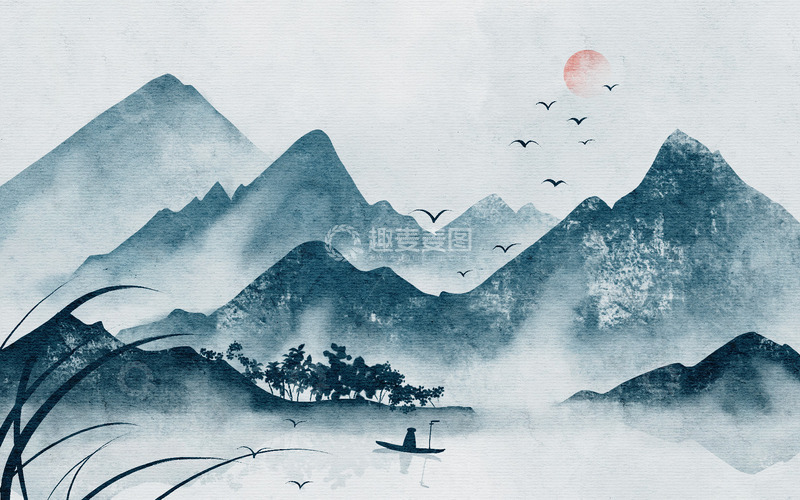 源文件下载【趣麦麦图】手绘中国风复古水墨山水画飞鸟海报插画