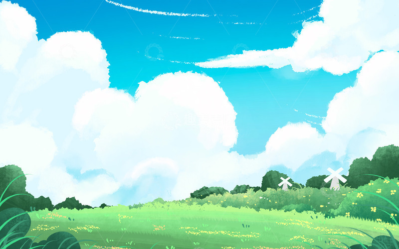 源文件下载【趣麦麦图】手绘春天户外蓝天白云植物草坪插画海报