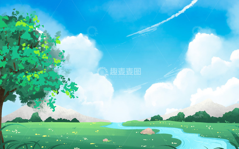 源文件下载【趣麦麦图】手绘蓝天白云户外草坪小溪春天插画海报