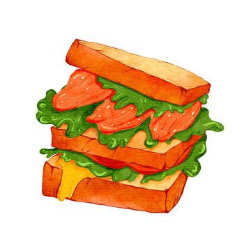 手绘三明治美食卡通水彩元素
