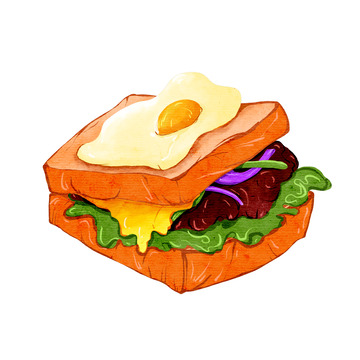 手绘美食三明治卡通煎蛋面包元素