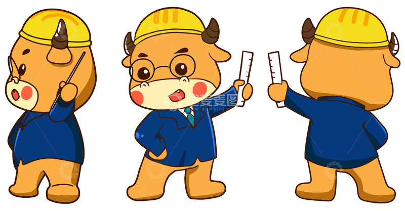 卡通牛吉祥物工程师三视图