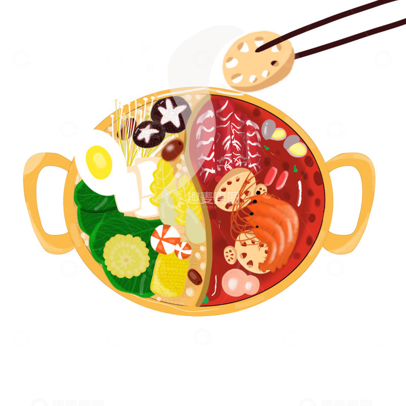 源文件下载【趣麦麦图】火锅美食鸳鸯锅手绘元素