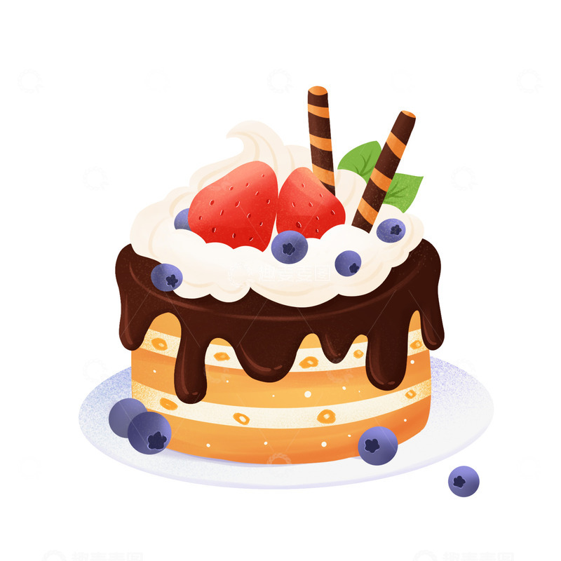 源文件下载【趣麦麦图】手绘卡通巧克力草莓 蓝莓蛋糕