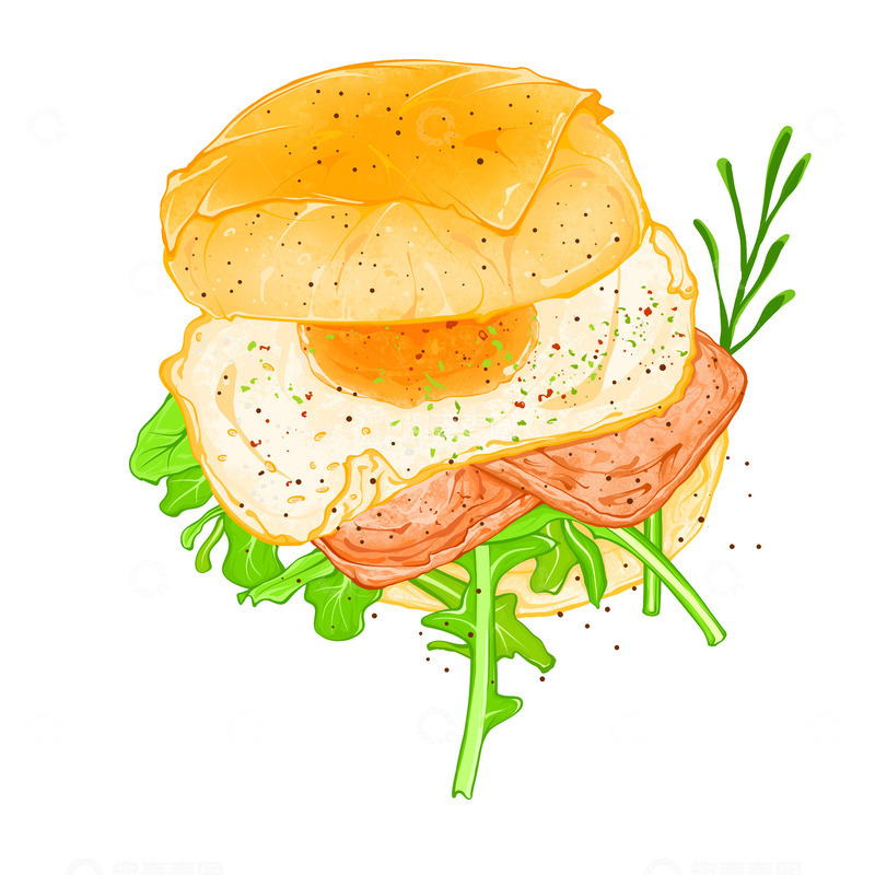 源文件下载【趣麦麦图】贝果午餐肉三明治插画
